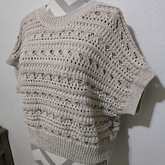 RACHEL ZOE Knit Sweater in Beige with Gold Metallic Thread Short Sleeve Size XL - Picture 6 of 14